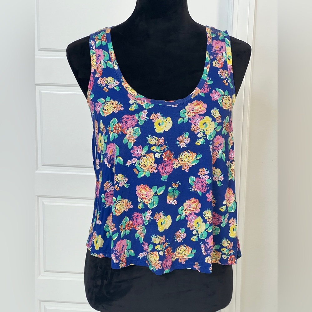 Lightweight Eyelash Couture Floral Tank Top - Blue with Multicolor Blooms, Hi-Lo